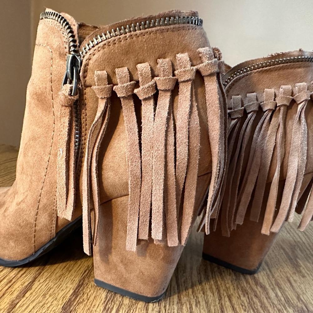 DV by Dolce Vita Tan Suede Fringe Heeled Boots - Picture 2 of 16